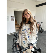 Sixminu秋休闲重磅美式 拼接T恤女oversize上衣 球衣女可爱卡通长袖