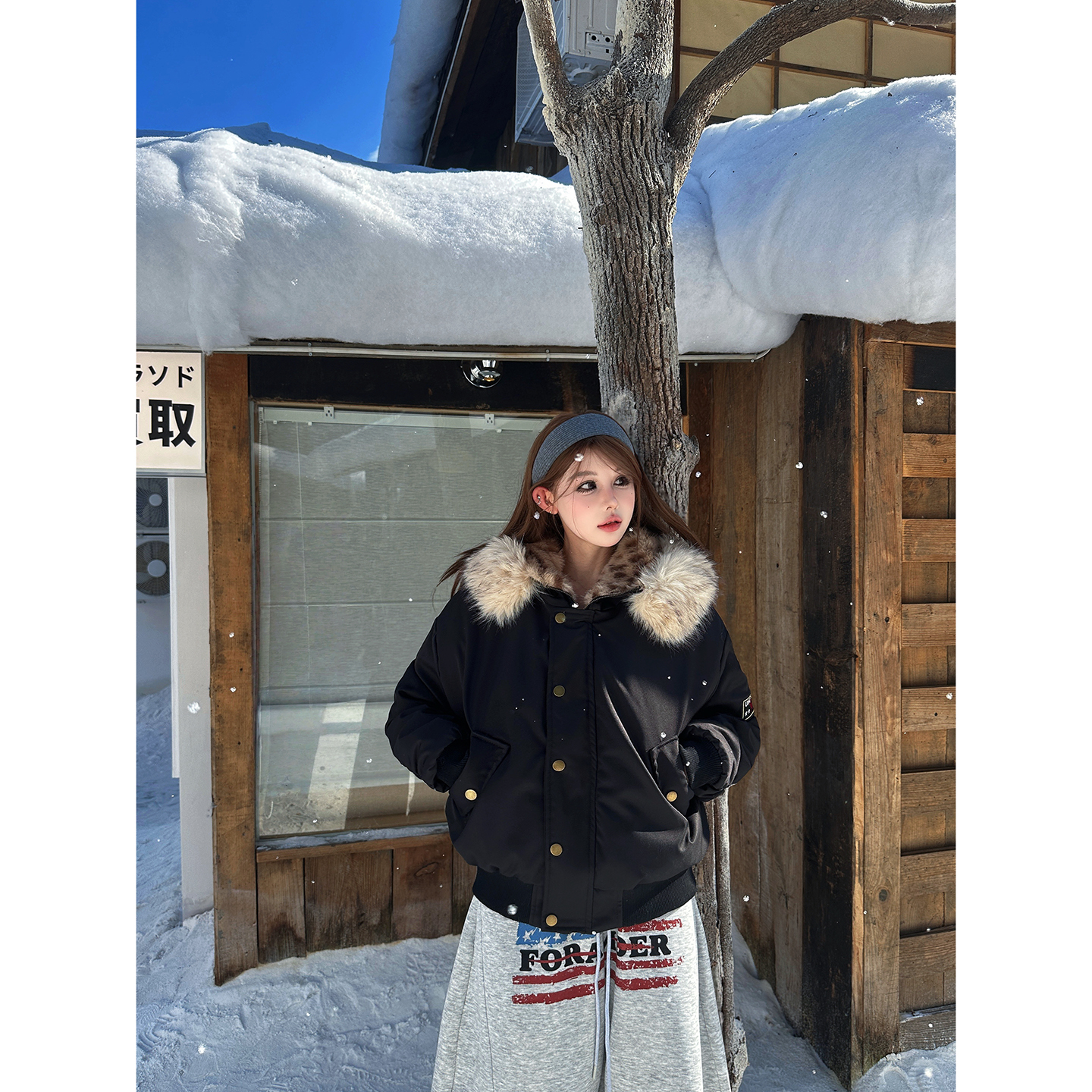 豹纹大毛领棉衣男女红星袖章棉袄