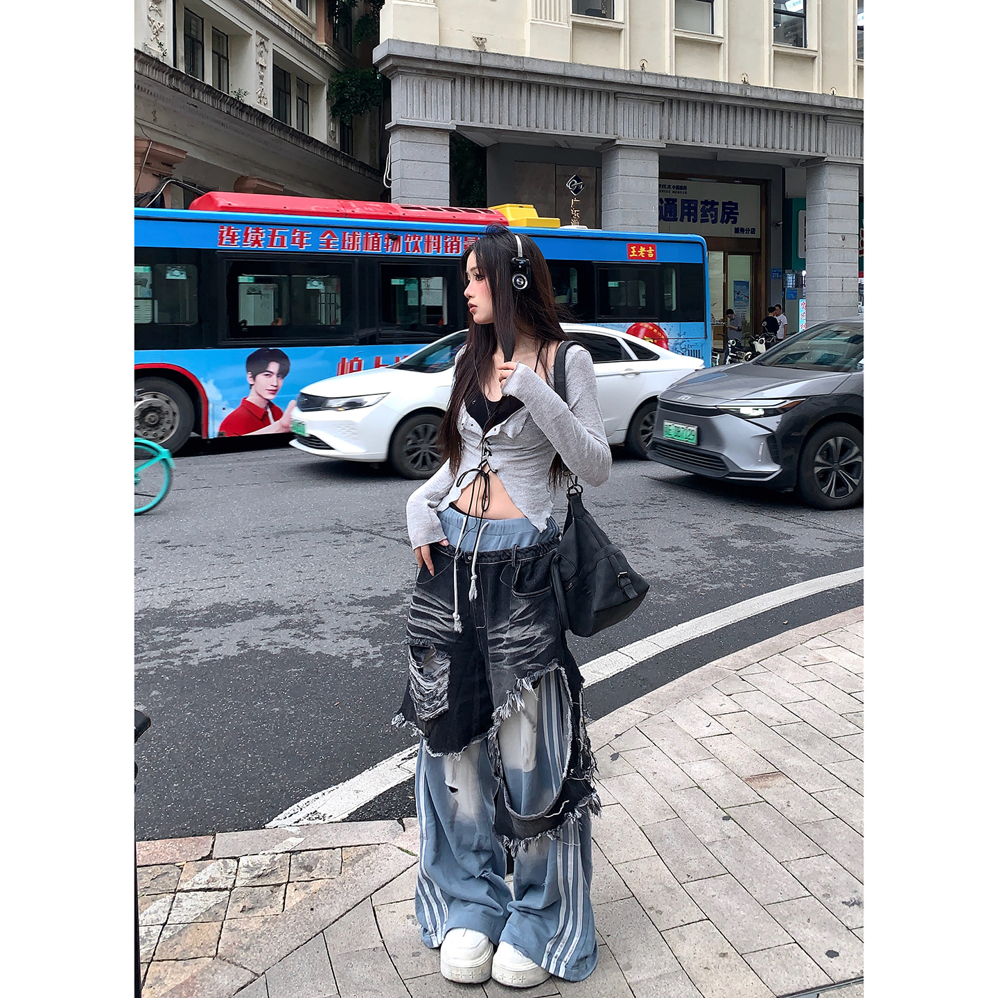 炸街撞色假两件牛仔裤情侣阔腿裤