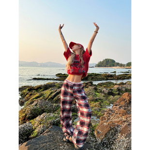 女休闲裤 Sixminu 女撞色双腰头松紧腰宽松直筒裤 复古格子长裤 美式