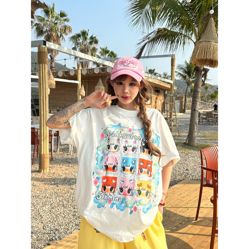 手绘涂鸦呆萌女孩头像T恤女夏t恤