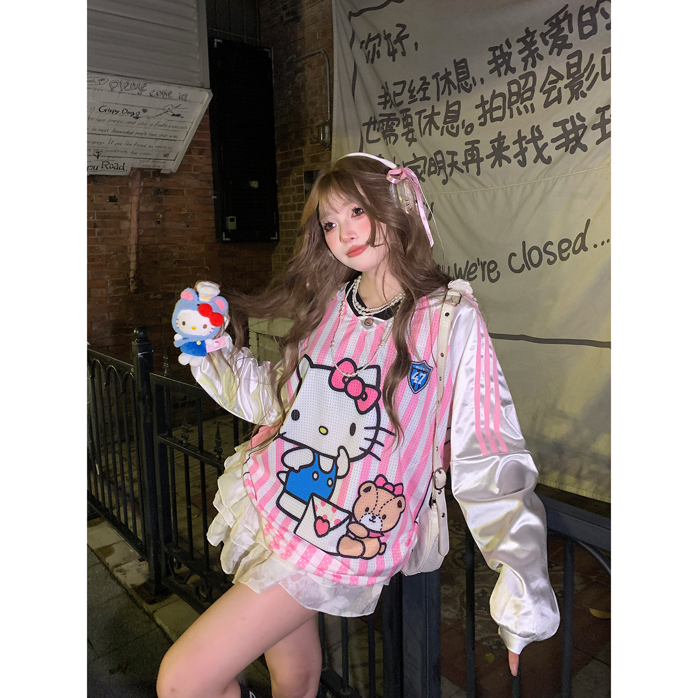 kt猫球衣T恤女kitty猫长袖卫衣女