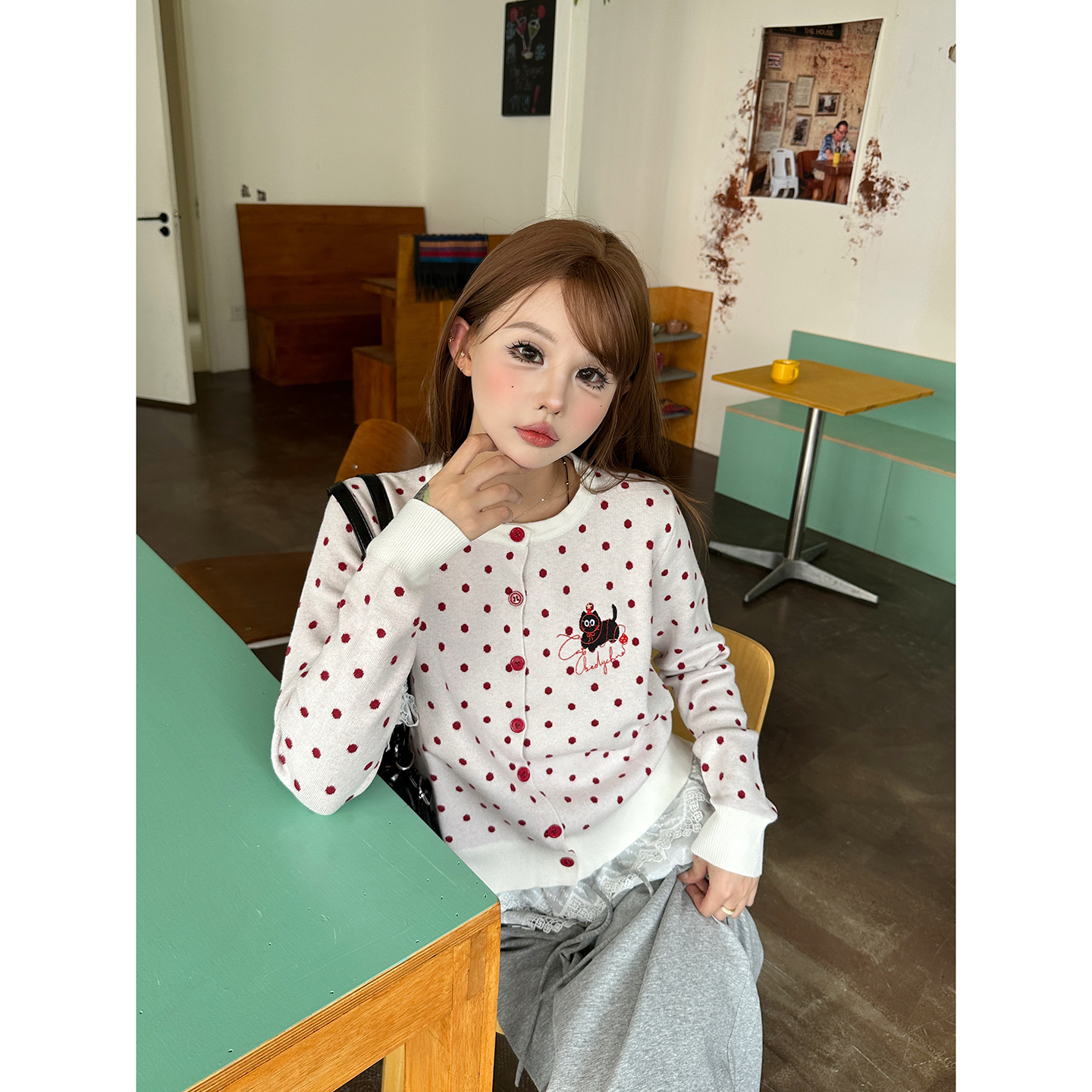 波点刺绣针织衫外套女毛衣开衫