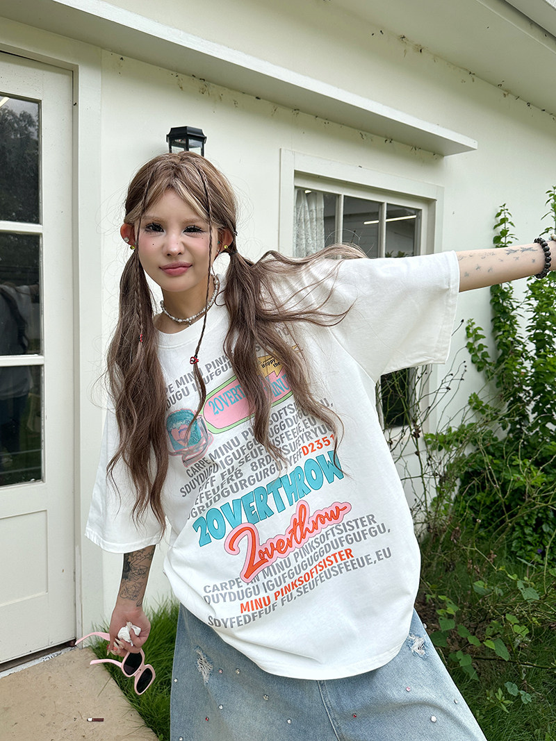 Sixminu 美式重磅潮牌夏季t恤女宽松圆领短袖女字母街头情侣半袖