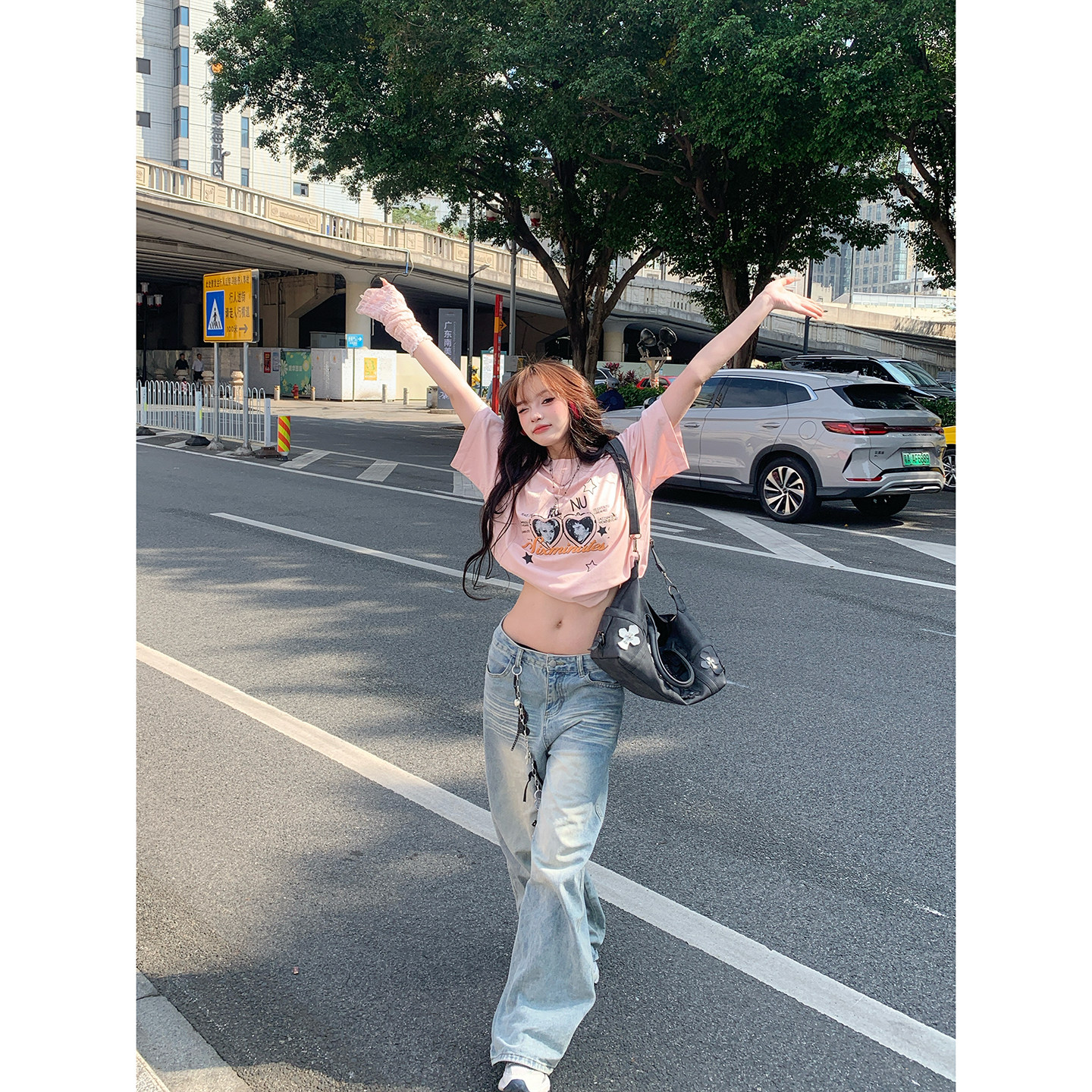 复古印花短袖T恤女显白藕粉色t恤