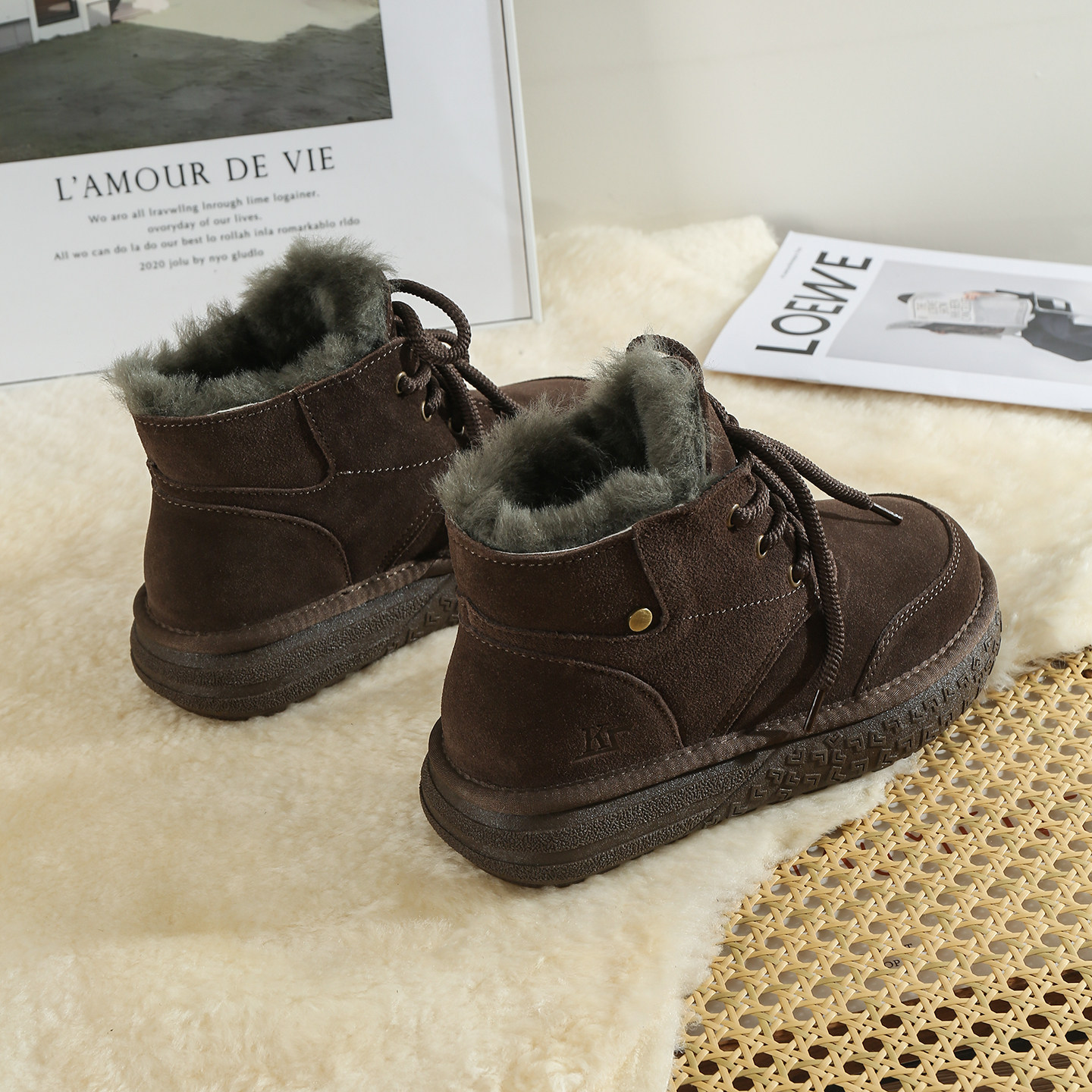 牛皮雪地靴女2025冬季新款皮毛一体加绒加厚保暖防滑系带厚底棉靴,女鞋,时尚雪地靴,淘宝优惠券,粉丝福利购,淘宝优惠卷