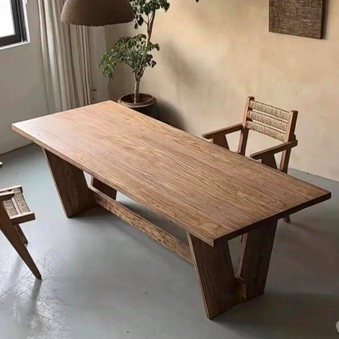 实木餐桌复古做旧侘寂中古风家用书桌茶桌一体民宿商用长方形桌子图片