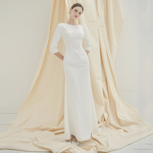 春秋季新款缎面轻婚纱晚礼服简约长款修身显瘦中袖复古气质出门纱