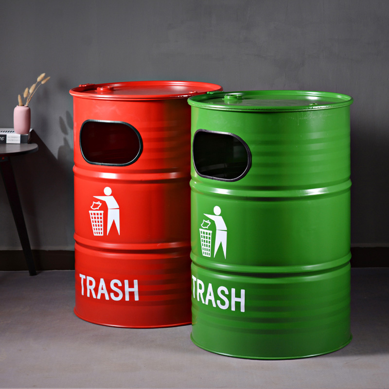 工业风铁艺油桶垃圾桶收纳箱户外大型摆件酒吧景区室外复古装饰品