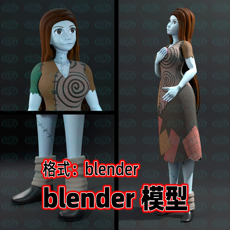 blender外星女性人物模型蓝色莎莉卡通动漫少女人物骨骼绑定模型