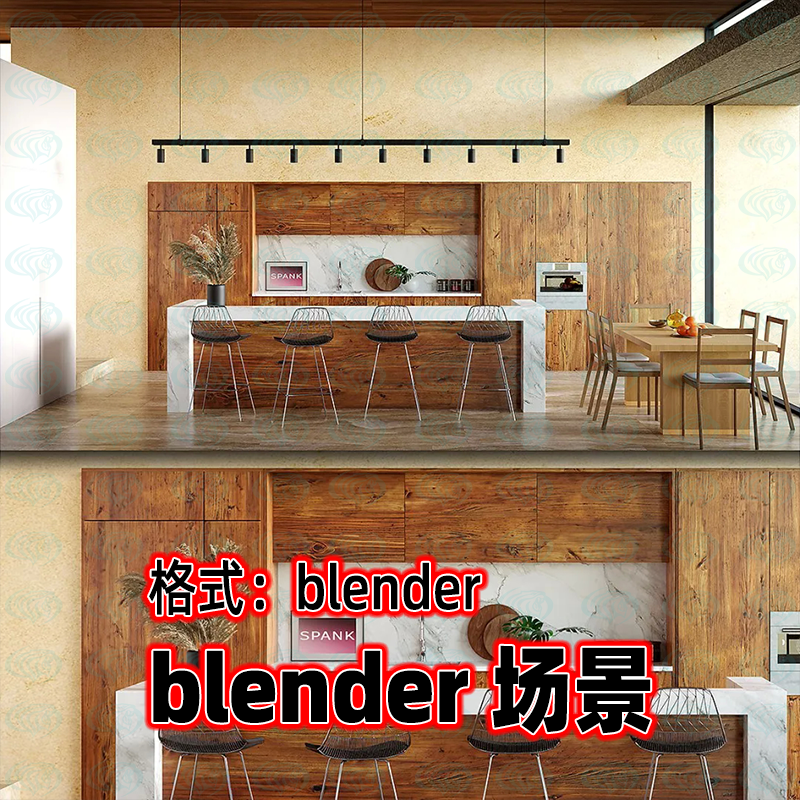 blender创意餐厅厨房家具模型灯光渲染建模素材桌椅橱柜渲染工程