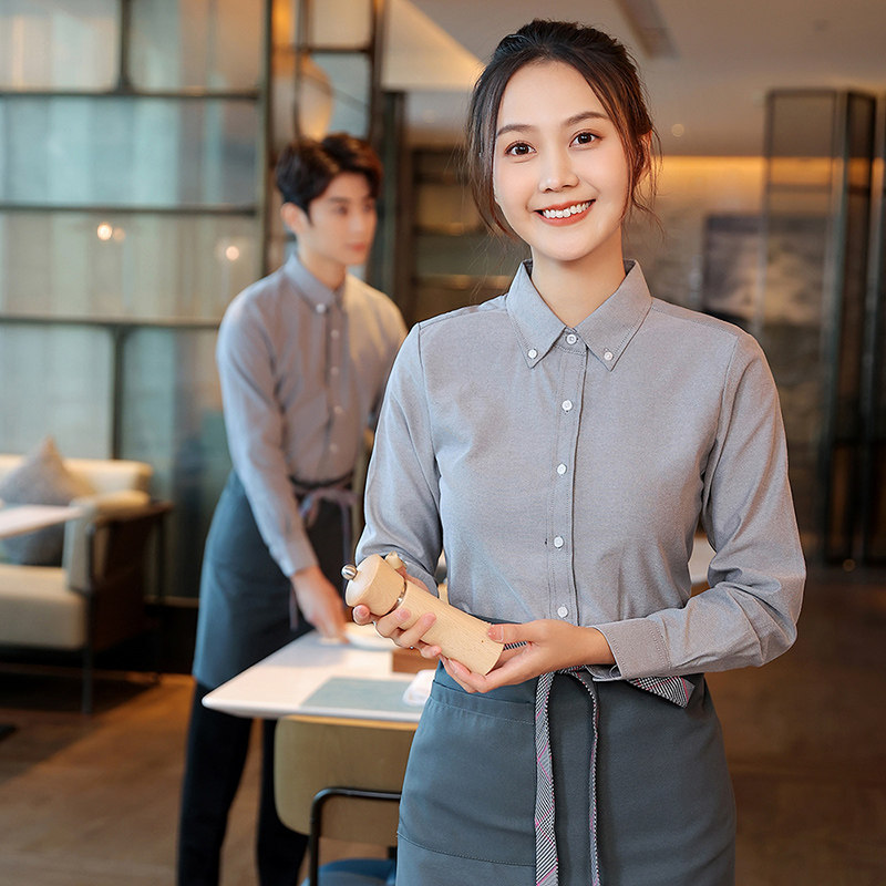 奶茶店西餐厅工作服长袖衬衫定制印绣LOGO火锅咖啡服务员短袖衬衣