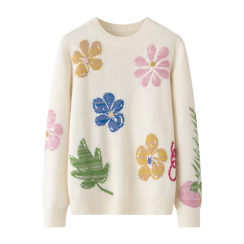 2024秋冬新款100%纯羊绒衫女圆领提花毛衣宽松加厚针织羊绒打底衫