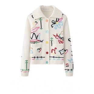 森女早秋针织毛外套 加厚绣花翻领甜美短款 重磅2022新款 纯山羊绒衫