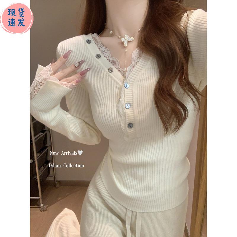 绝美纯欲v领蕾丝拼接打底衫女春季法式内搭高级感毛衣针织衫上衣