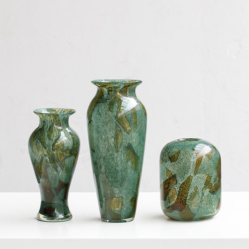 复古渐变绿斑纹复古玻璃花台面餐桌客厅玄关软装家居装饰新中式