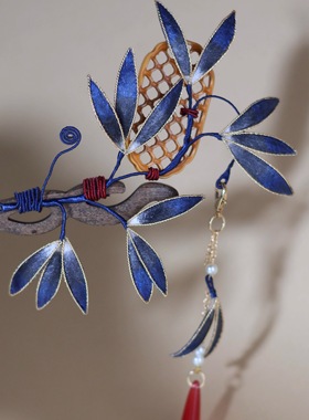 非遗绒花掐丝蓝色叶子盘发发簪新中式古风