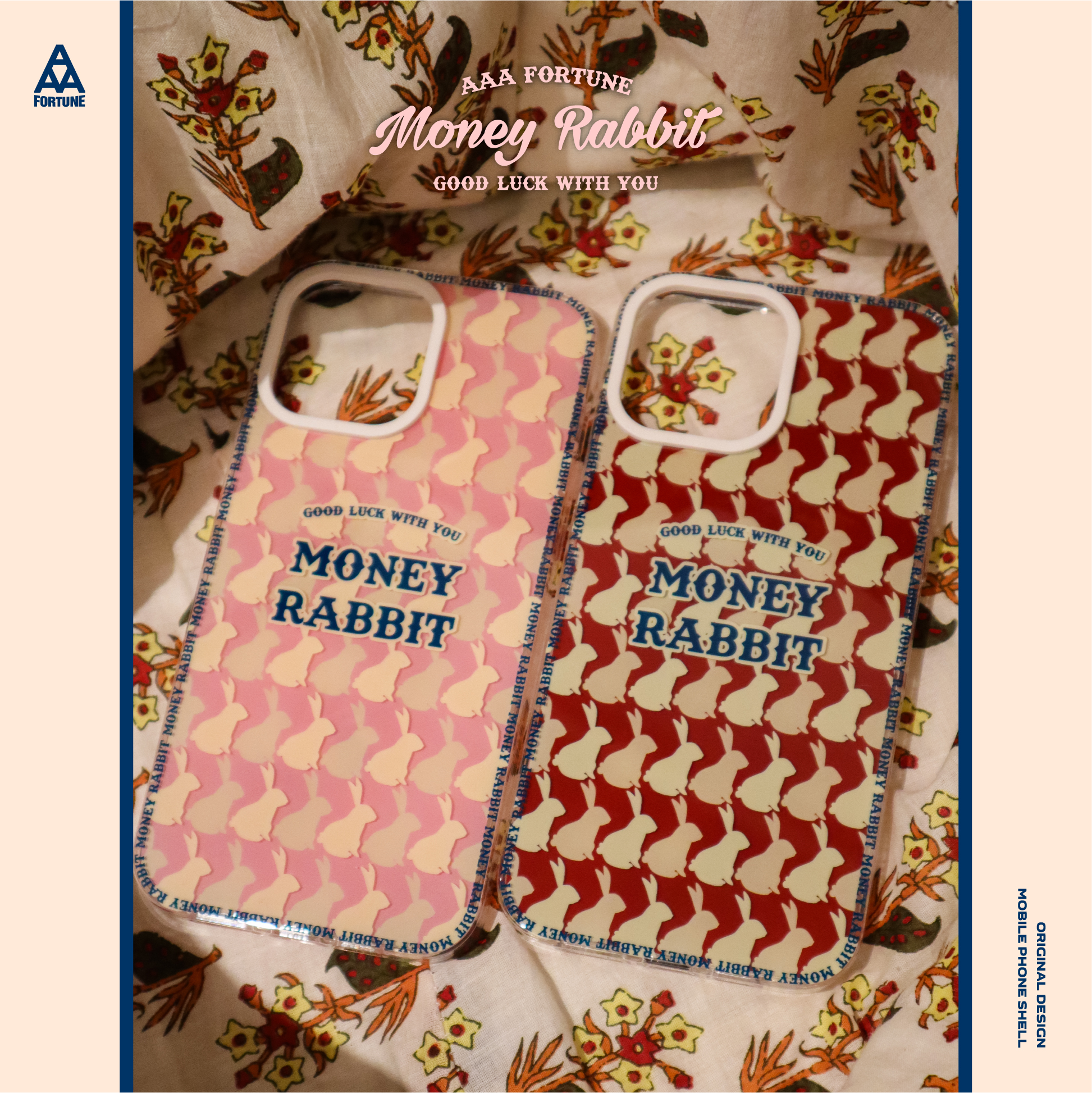 AAA FORTUNE原创双层兔子手机壳金钱兔亮面全包大孔英伦风适用于苹果iPhone14ProMax/13/12粉色红色新款