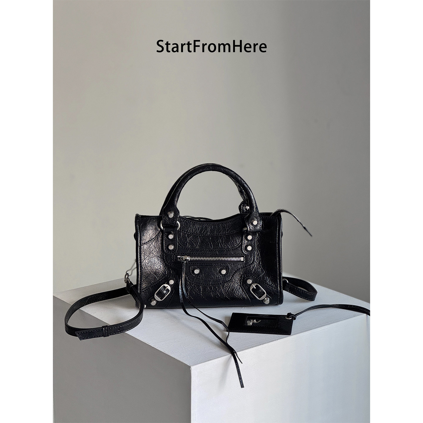 StartFromHere｜迷你油蜡皮黑银机车包24cm 欧美时髦手提斜挎包女