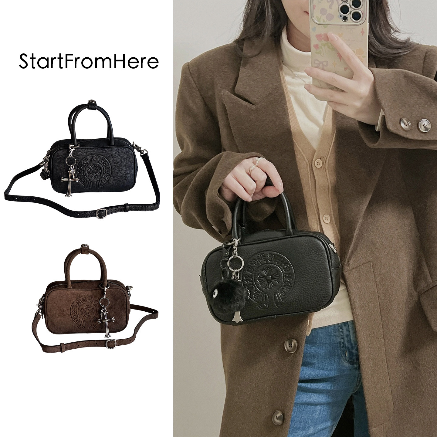 十字架保龄球小方包 小众设计师款简约头层牛皮手提单肩斜挎包女