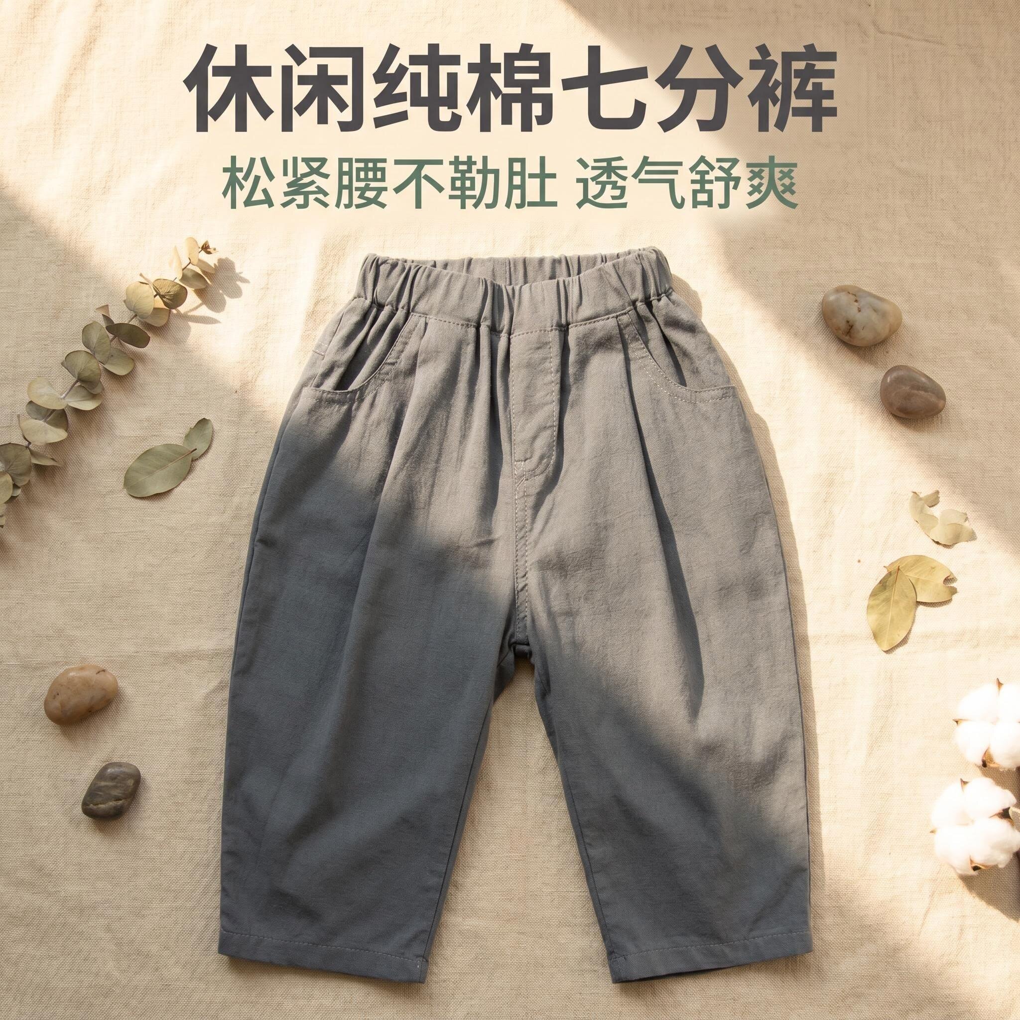 男童夏季薄款透气棉麻七分裤