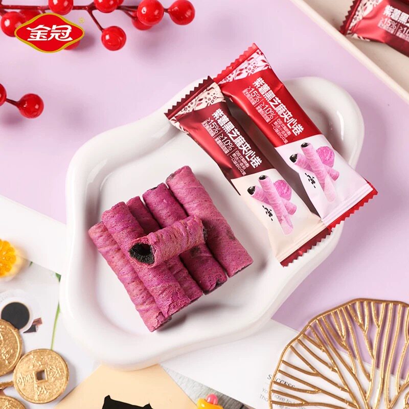 金冠紫薯黑芝麻夹心蛋卷结婚订婚喜饼干满月周岁休闲怀旧零食