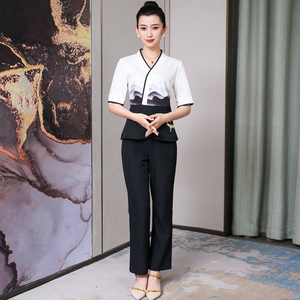 新中式足浴技师工作服套装高端美容养生会所修身显瘦足疗按摩工衣