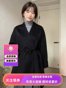 黑色白色宽松双面羊绒大衣女2025年秋冬新款短款系带高支羊毛半身