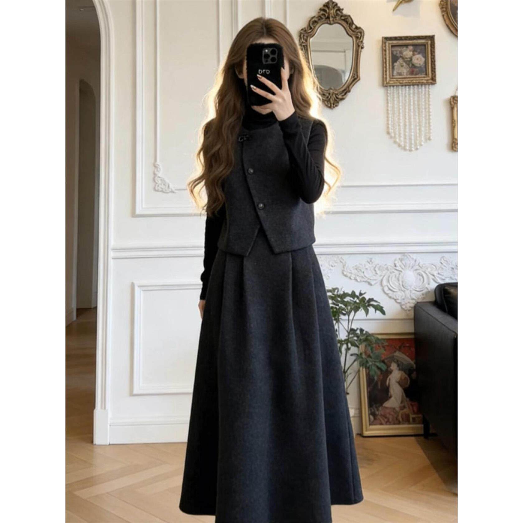 巨好看灰色连衣裙子女早春季2026新款高级感韩系穿搭一整套装长裙