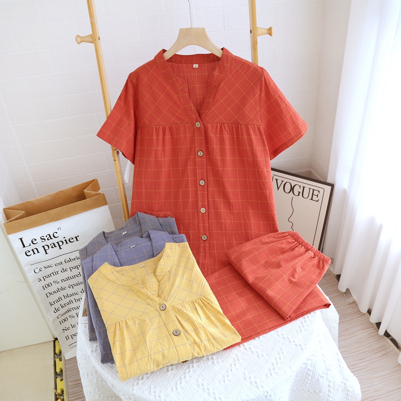 睡衣女夏季纯棉短袖七分裤薄款水洗棉情侣家居服休闲格子两件套装