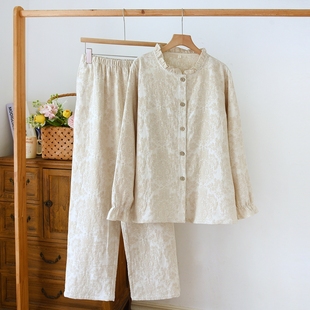 a类提花棉麻睡衣女春秋棉质长袖长裤花边加大码中老年家居服套装