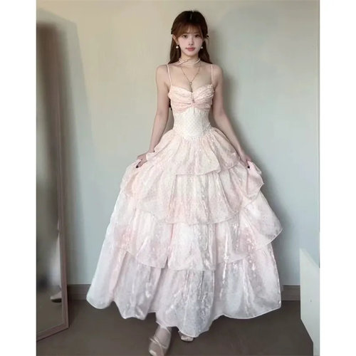 带胸垫 丝巾~法式千金风粉色波点吊带连衣裙夏季新款超仙女蛋糕裙