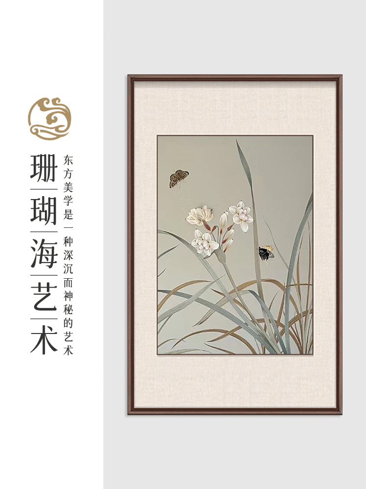 玉兰花纯手绘油画蝴蝶花鸟客厅装饰画禅意极简风格玄关新中式挂画图片