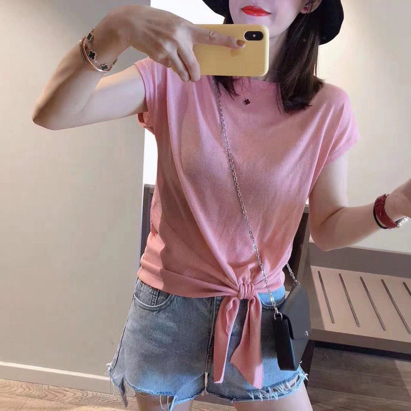 2026夏装新款宽松显瘦下摆绑带纯色短袖T恤女薄款冰丝针织衫上衣