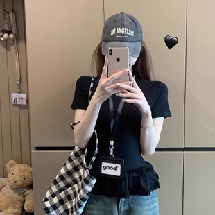 修身 甜美风荷叶边黑色圆领短袖 基础款 T恤女2025夏季 显瘦上衣 新款