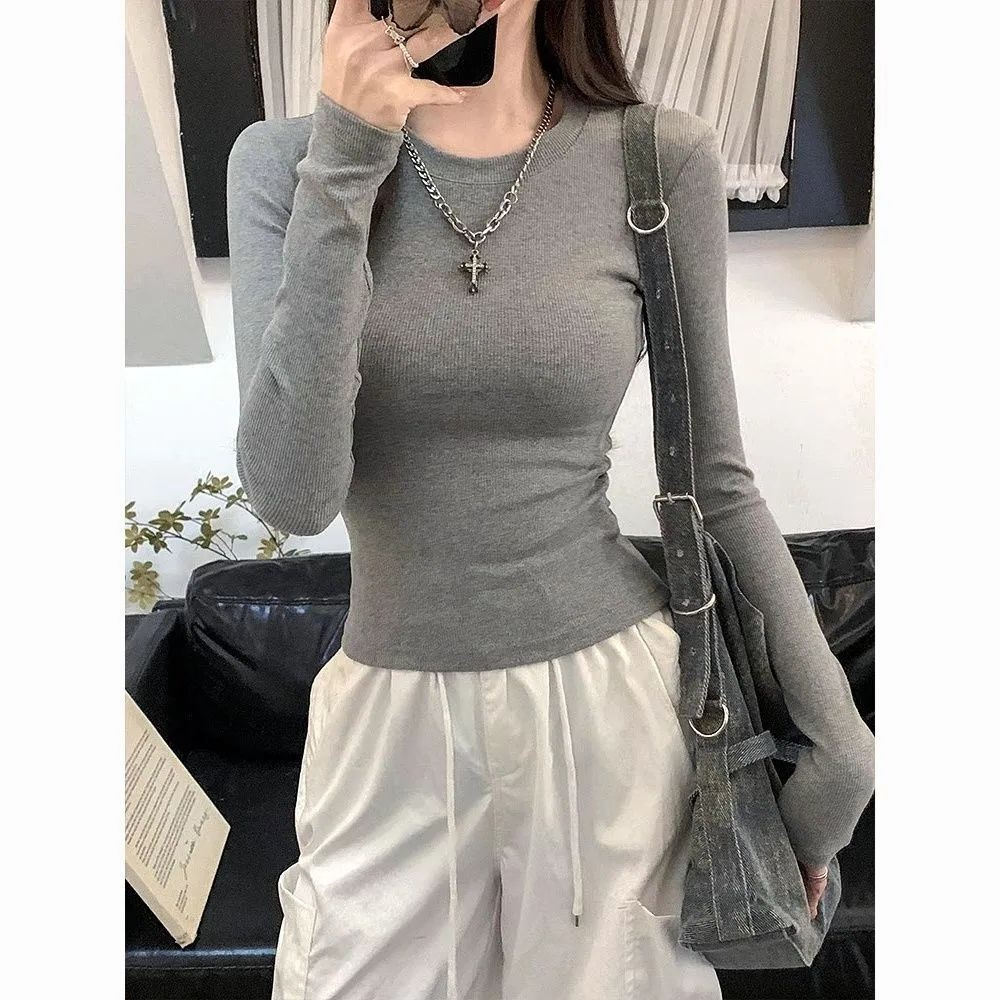 灰色辣妹纯色圆领打底衫女正肩修身2025秋冬新款长袖T恤显瘦上衣