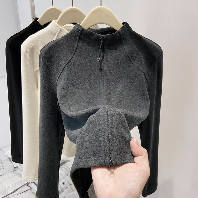 半高领德绒打底衫女2025秋冬新款双拉链开衫外套修身卫衣内搭上衣