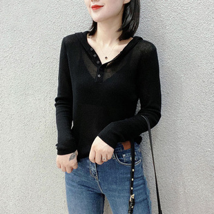 冰丝T恤女装2026早春新款时尚薄款防晒v领短款宽松针织衫长袖上衣