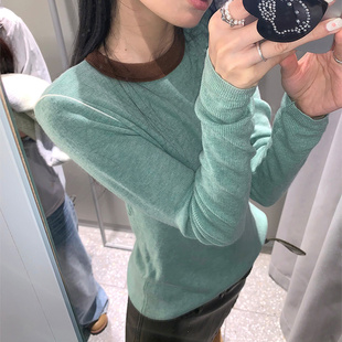 圆领百搭修身撞色长袖针织衫女装2026新款春款设计感小众短款上衣