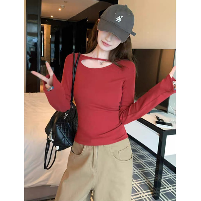 红色甜辣长袖T恤女2026秋冬季新款修身显瘦小衫设计感打底衫上衣