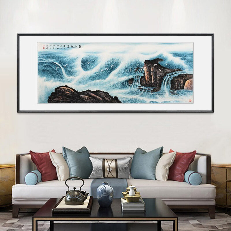 客厅沙发背景墙装饰画新中式挂画大幅手绘国画大海观海听涛乔迁礼