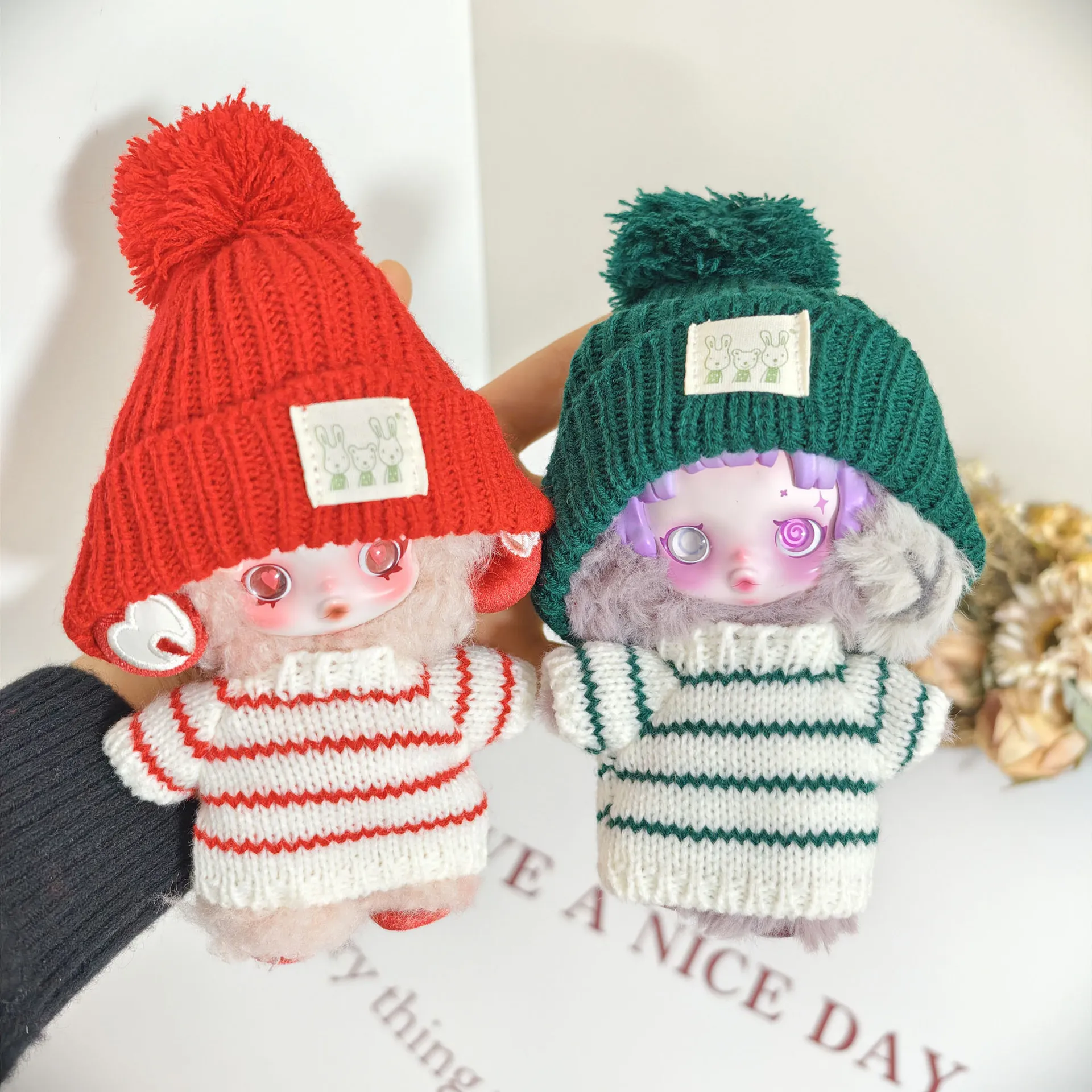 SP娃衣光织园冬日乐章搪胶毛绒SKULLPANDA衣服条纹毛衣兔标帽着替