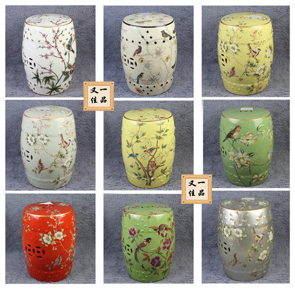 美式乡村换鞋凳花鸟陶瓷鼓凳梳妆凳子新中式仿古鼓墩坐墩矮凳圆凳