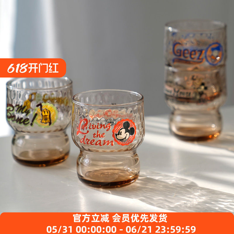 石冢硝子日本迪士尼玻璃杯 米奇果汁饮料情侣玻璃ins风水杯ADERIA