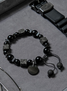 跨境新款熔岩方块火山石编织手链男哑光黑玻璃珠子可调节手环手串