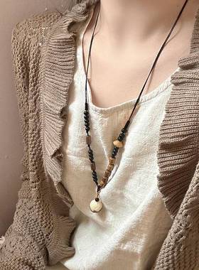 新中式松子木珠吊坠项链民族风复古长款毛衣链小众独特项饰女