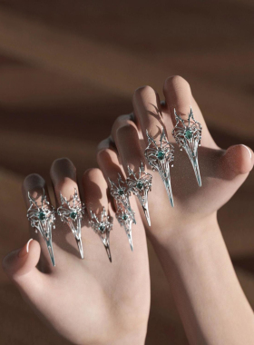 酸性|穿戴甲手饰套装设计暗黑系镶嵌蓝色锆石指尖美甲开口款护甲