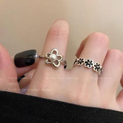 黑色滴釉珍珠小花朵开口戒指女复古食指戒轻奢高级感小众设计指环