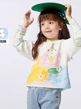 儿童长袖T恤女童2025新款春秋男童假两件上衣小童打底衫薄款纯棉