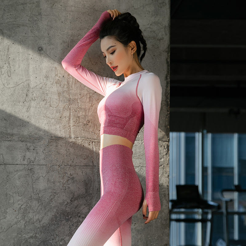 健身服女紧身速干渐变露脐运动上衣跑步训练性感长袖瑜伽服秋冬款